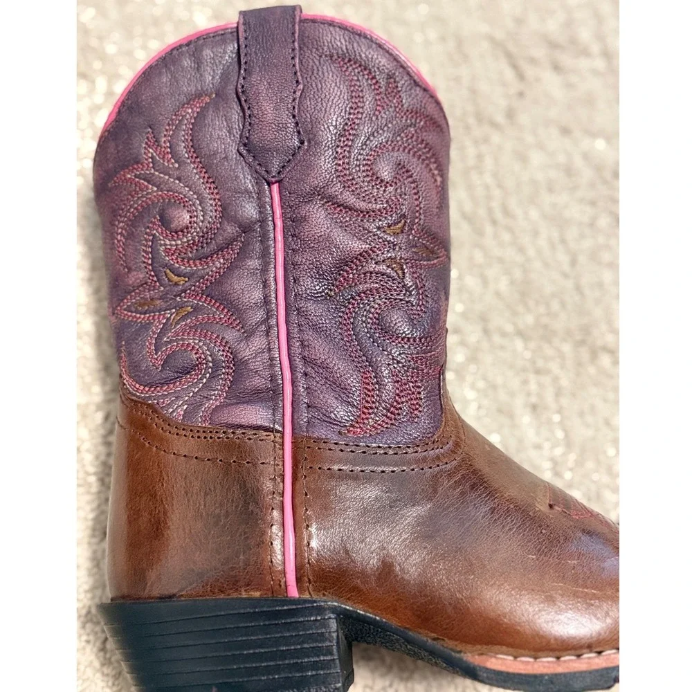 Dan Post Majesty Western Boots Kids 1D Brown Purple Excellent Leather Square Toe